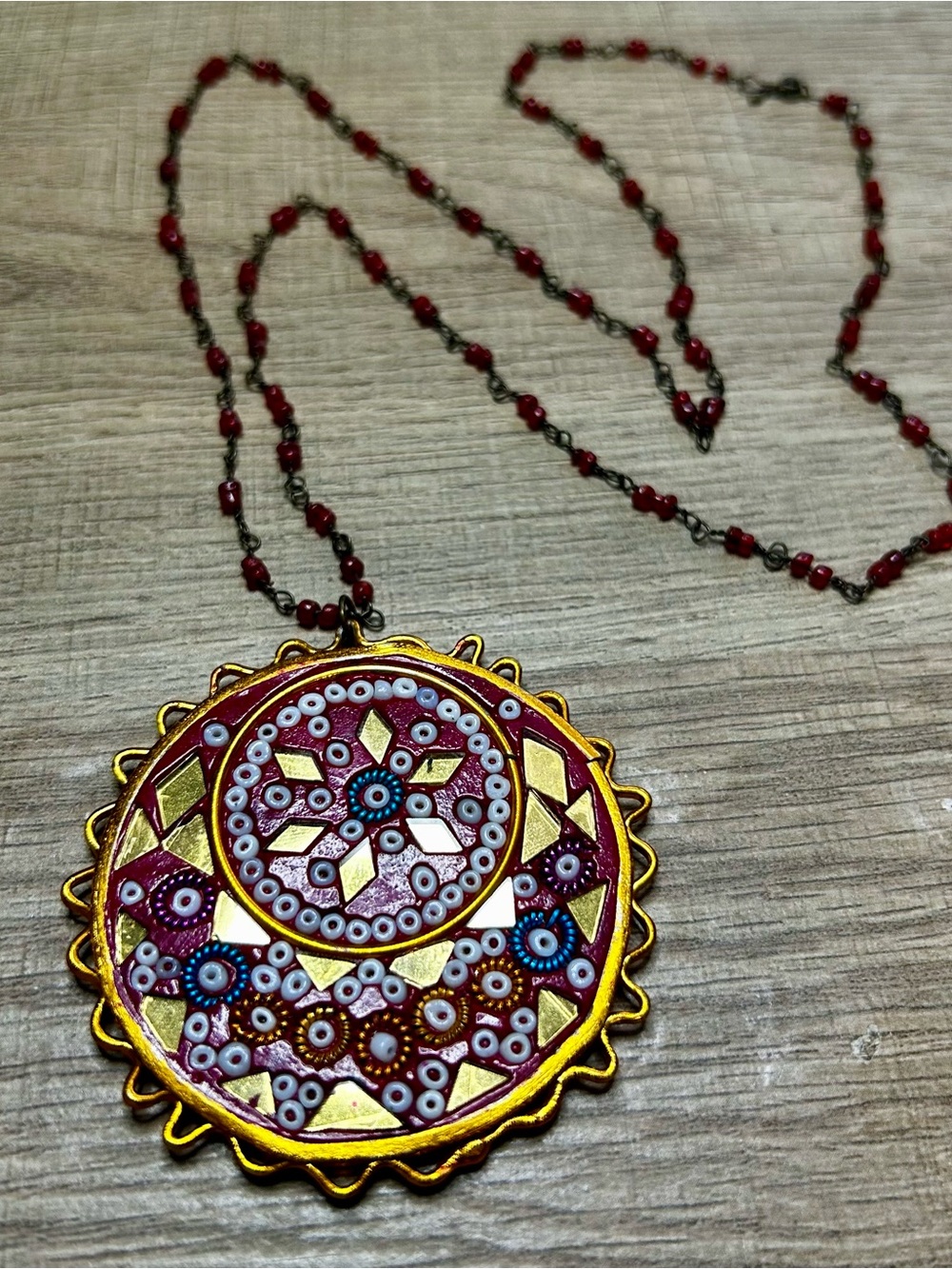 Vintage 70s Indian Clay, Mosaic Bead & Mirror Medallion Pendant Made in India - Picture 5 of 7